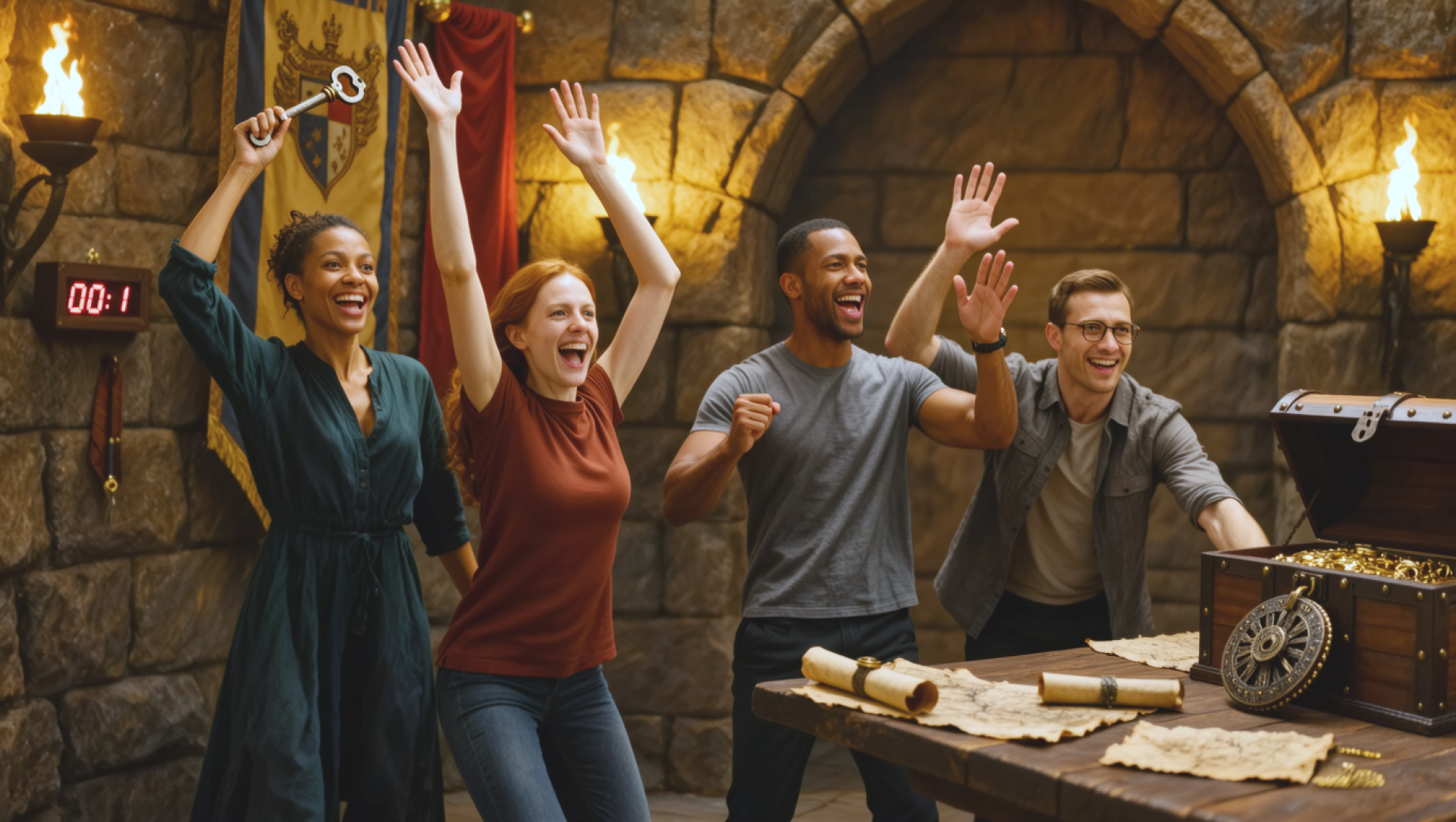 Four friends celebrating inside a Clueless Escape Rooms puzzle room in Ann Arbor, high-fiving after unlocking the final clue with seconds left on the clock.
